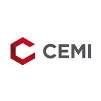 Logga för Cemi - Rött C - text i grått